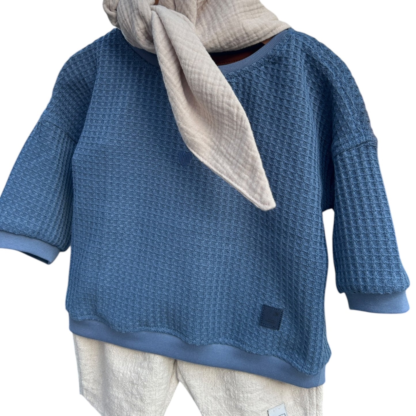 Pullover langaermlig Waffelstrick mit gesticktem Herzchen jeansblau oversized